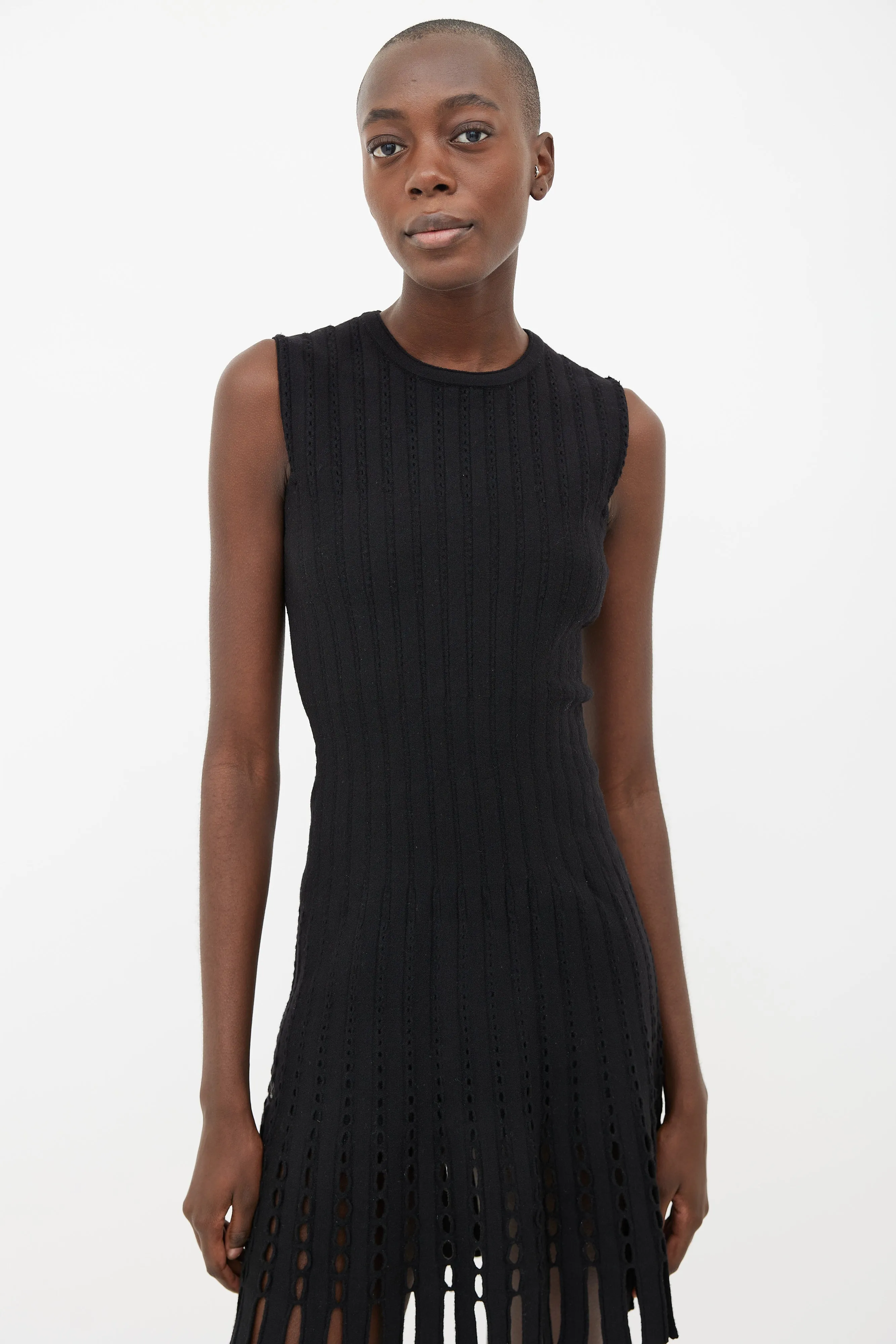 Black Stretch Wool-Knit Fringe Flare Dress
