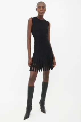 Black Stretch Wool-Knit Fringe Flare Dress
