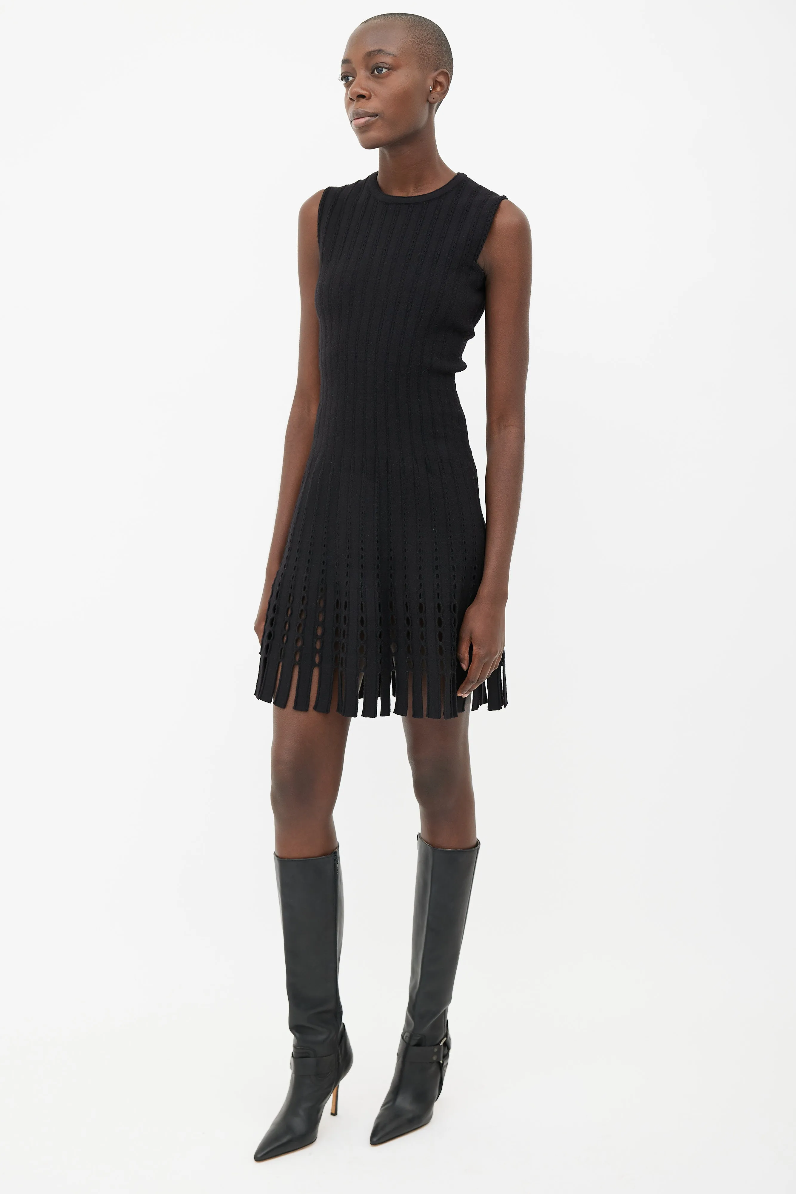Black Stretch Wool-Knit Fringe Flare Dress