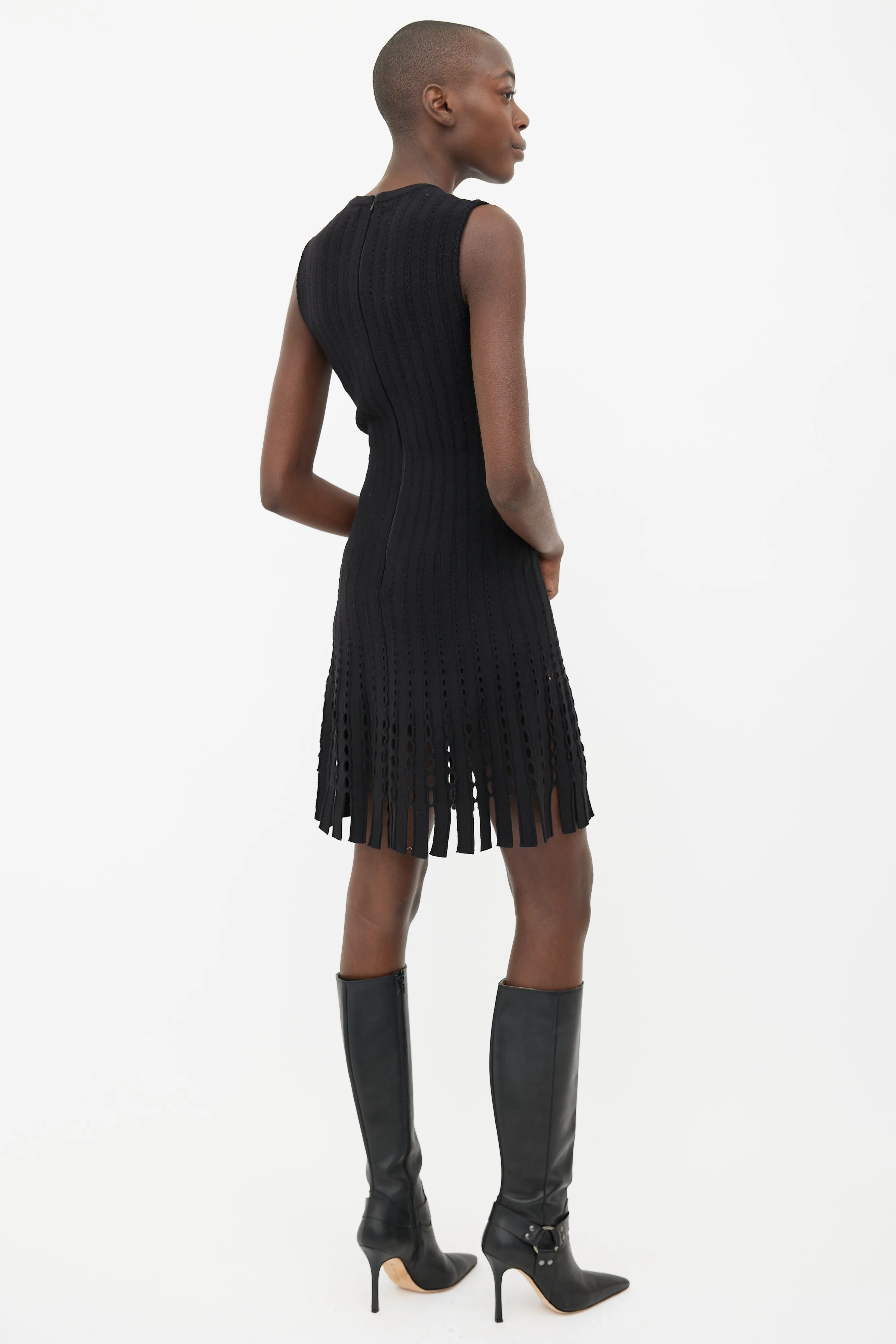 Black Stretch Wool-Knit Fringe Flare Dress