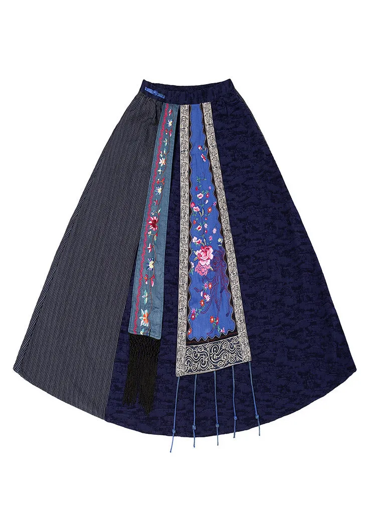 Blue Patchwork High Waist Tassel Maxi Skirts LY4645