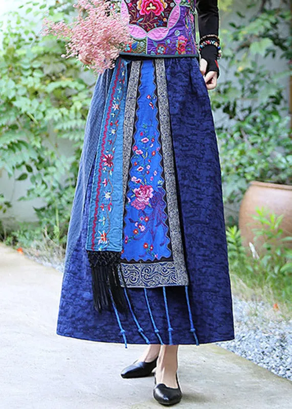 Blue Patchwork High Waist Tassel Maxi Skirts LY4645