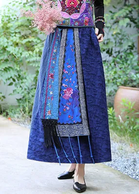 Blue Patchwork High Waist Tassel Maxi Skirts LY4645