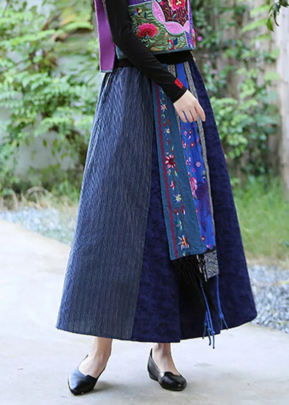 Blue Patchwork High Waist Tassel Maxi Skirts LY4645