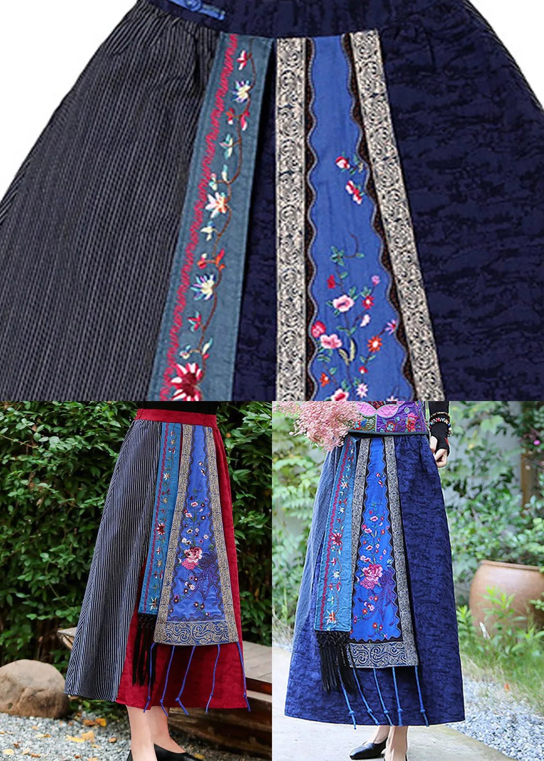 Blue Patchwork High Waist Tassel Maxi Skirts LY4645