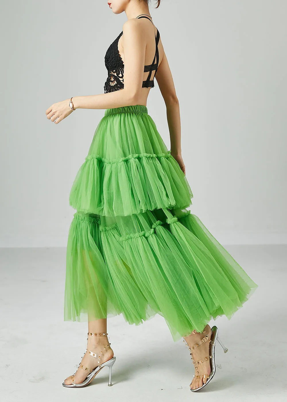 Boho Green Elastic Waist Patchwork Wrinkled Tulle Skirts Summer LY2433