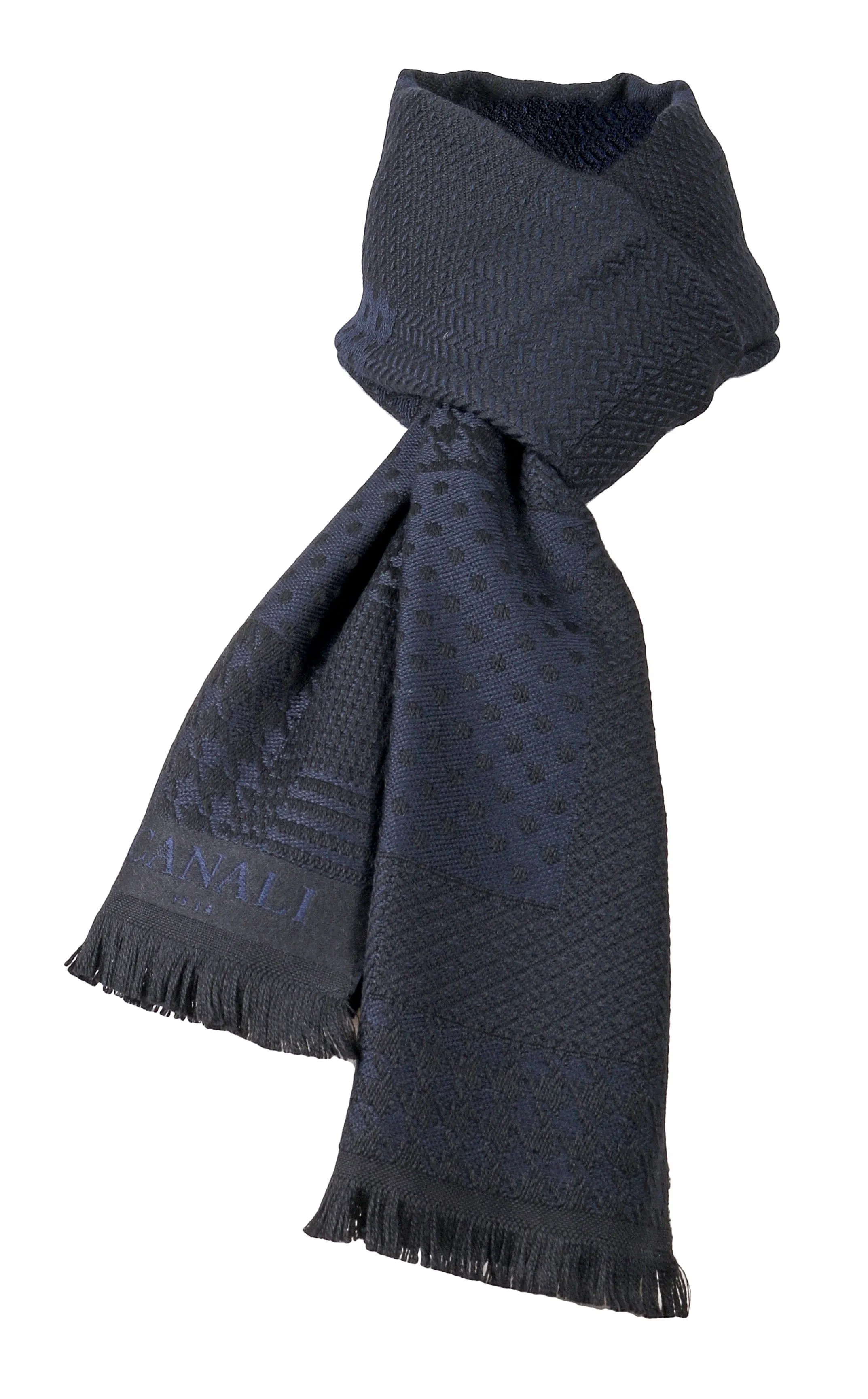 Canali Navy Blue Pattern Patchwork Weave Pure Wool Scarf