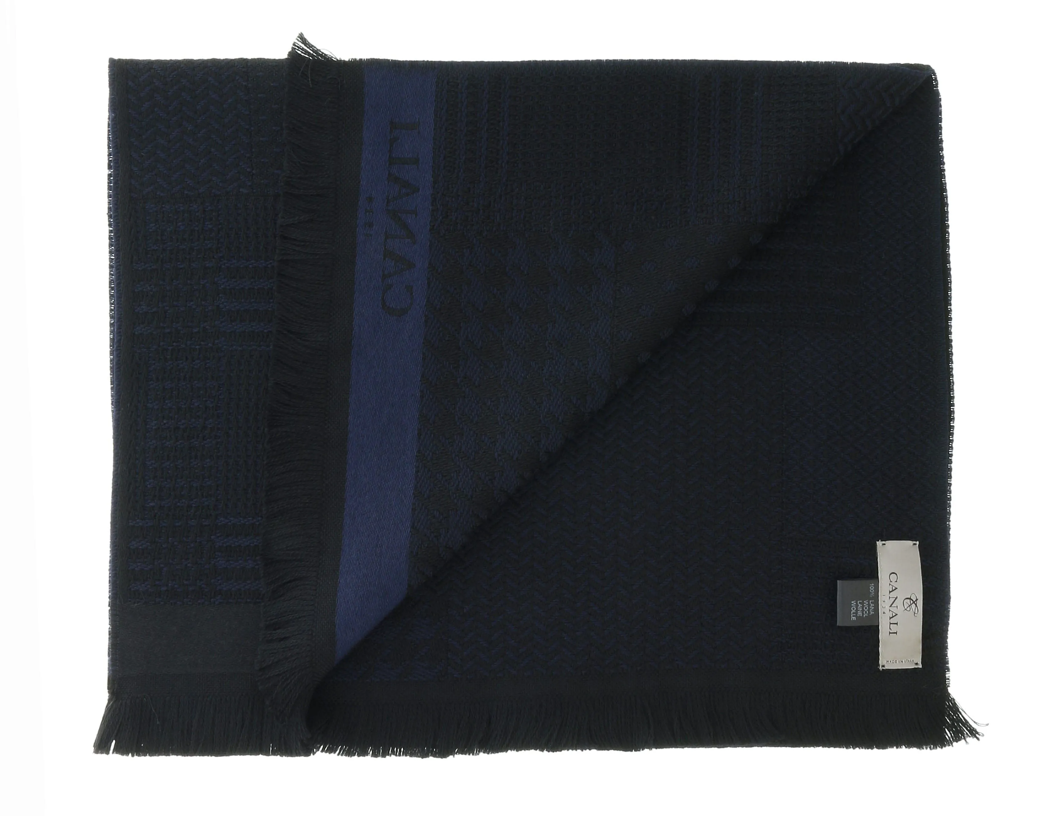 Canali Navy Blue Pattern Patchwork Weave Pure Wool Scarf