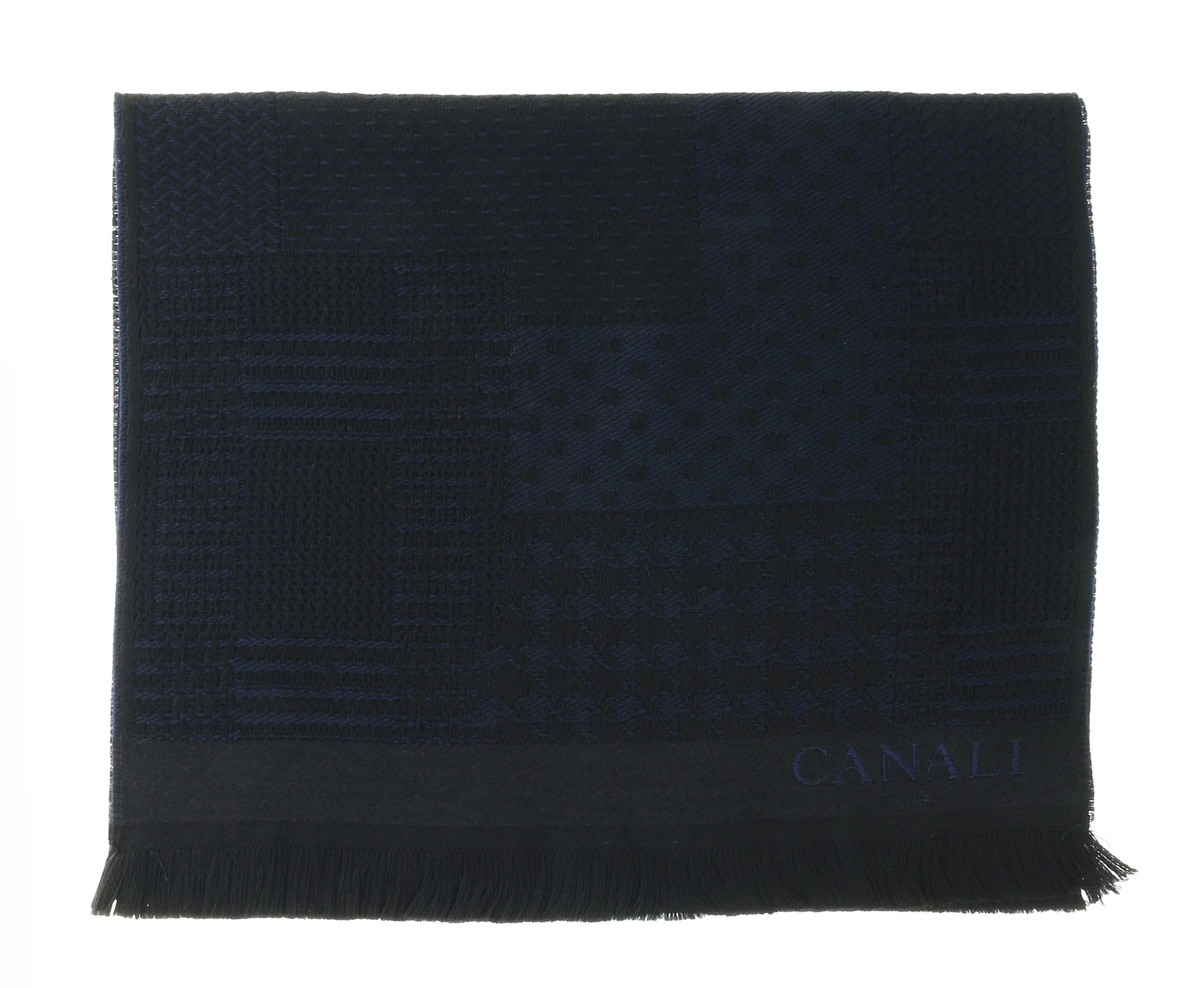 Canali Navy Blue Pattern Patchwork Weave Pure Wool Scarf