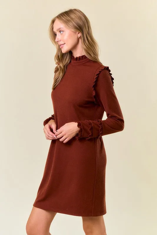 Chestnut Rib Knit Ruffled Mock Neck Long Sleeve Mini Dress