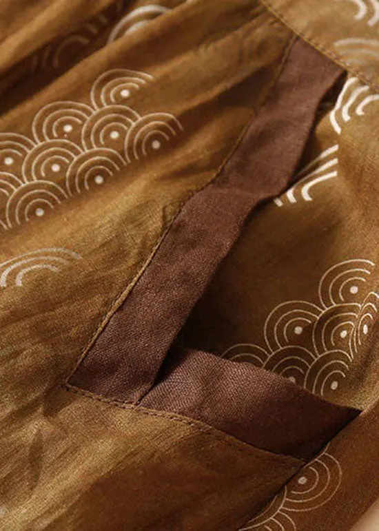 Coffee Pockets Print Patchwork Linen Skirt Wrinkled Summer  FA183