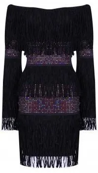 Crystal-Embellished Off-the-Shoulder Fringed Mini Dress *Low Stock*