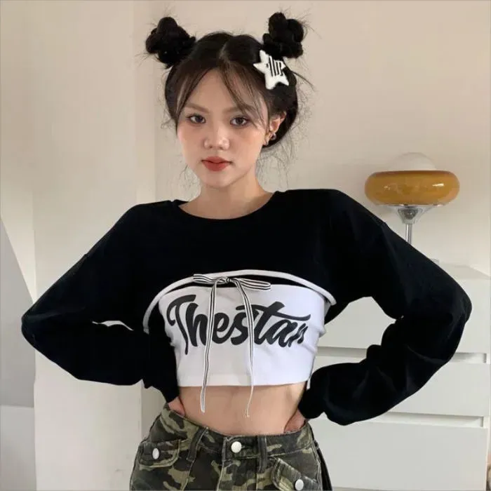 E-Girl Bauchfreies Top mit Patchwork und Sonnenschutz