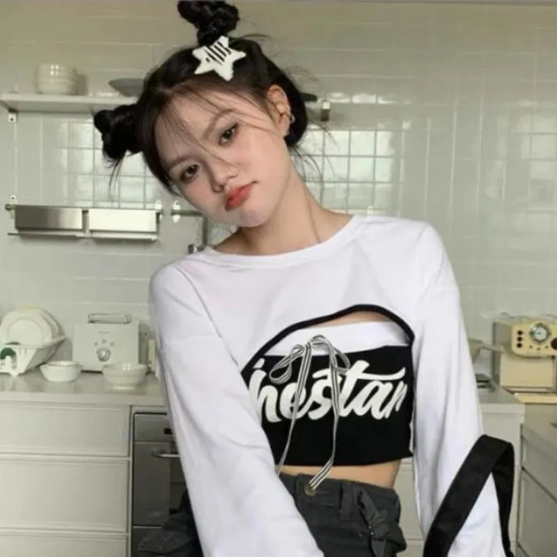 E-Girl Bauchfreies Top mit Patchwork und Sonnenschutz