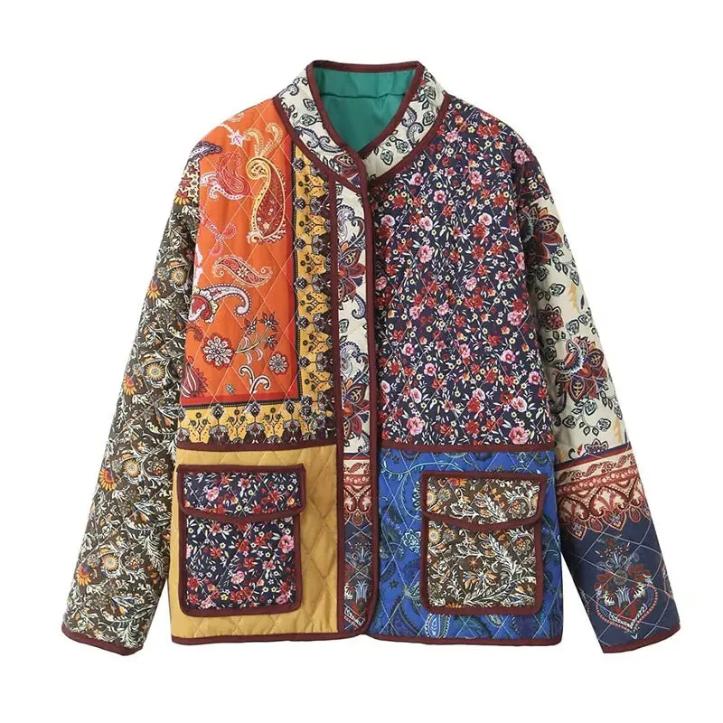 Ethno-Boho Damenjacke mit Blumenprint und Kontrasttaschen 2024