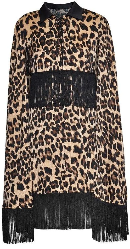Fringed Leopard Print Cloak Dress
