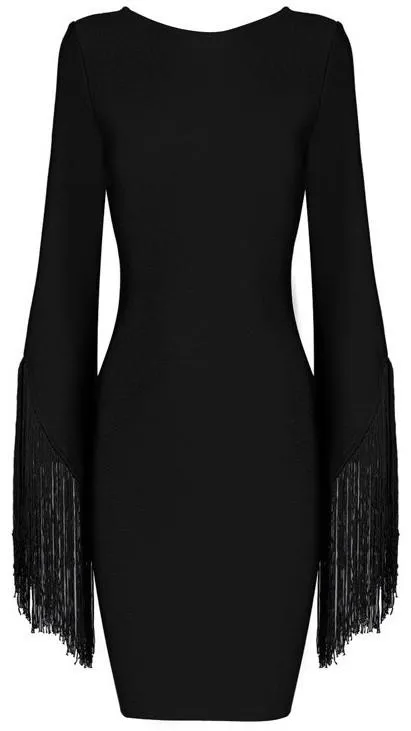 Fringed Sleeves Backless Bandage Dress in Black
