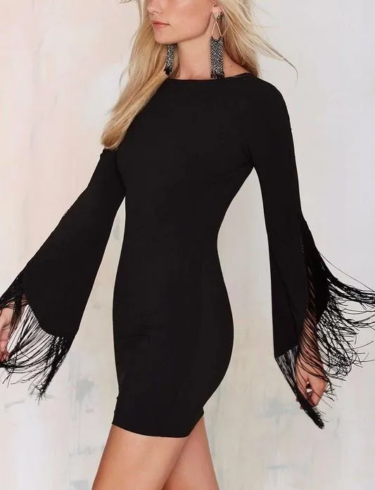 Fringed Sleeves Backless Bandage Dress in Black