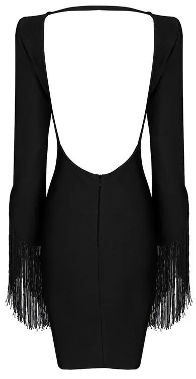 Fringed Sleeves Backless Bandage Dress in Black
