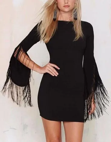 Fringed Sleeves Backless Bandage Dress in Black