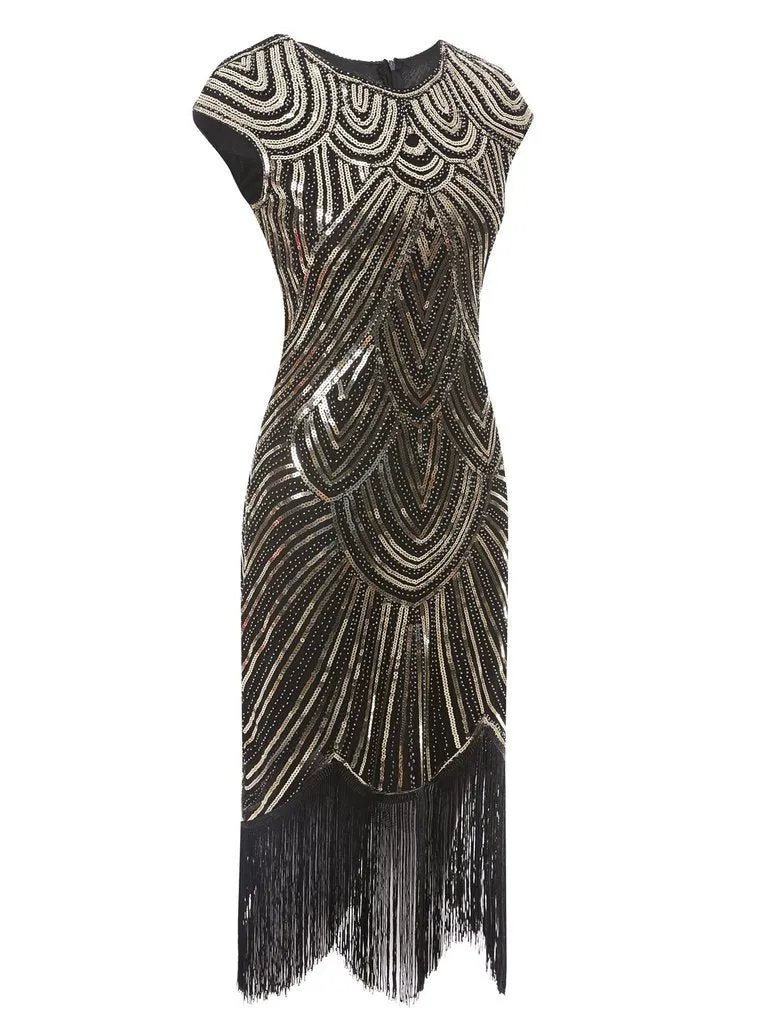 Gold 1920s Sequin Beaded Fringed Dress