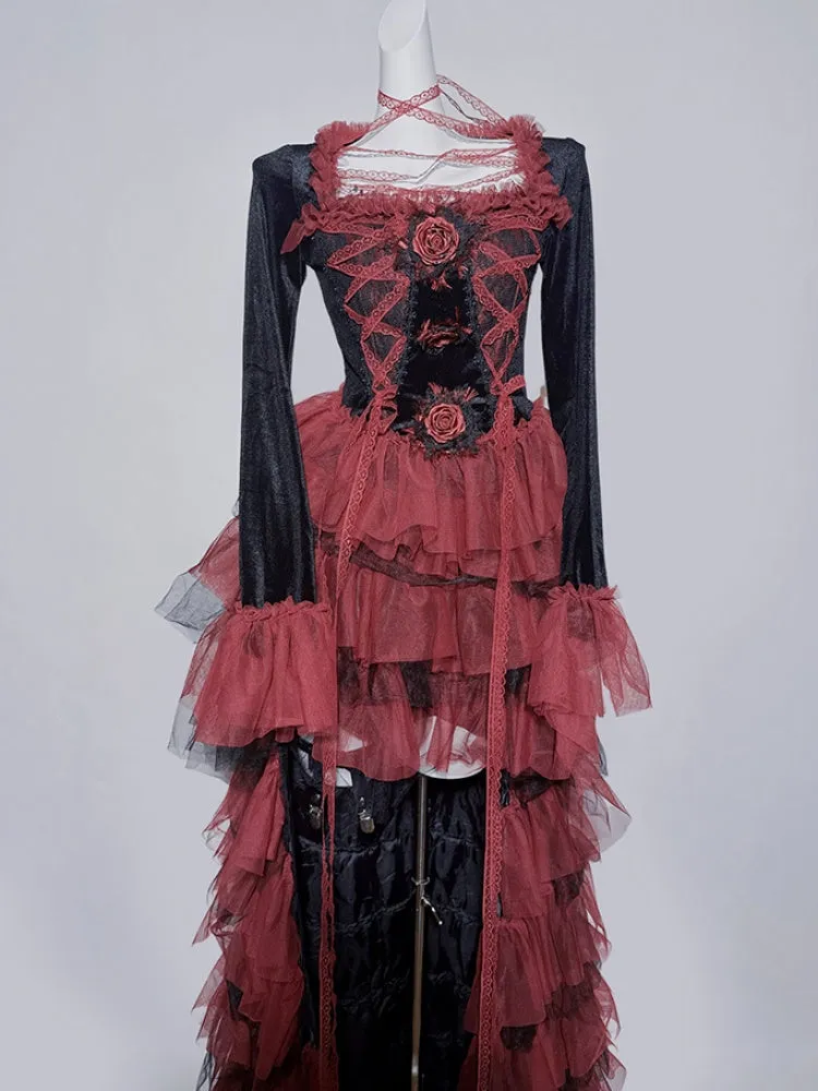 Gothic Black and Red Lace Hem Tiered High-Low Skirt