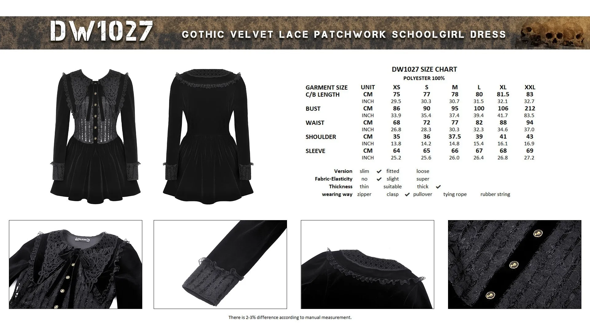Gothic velvet lace patchwork schoolgirl dress DW1027