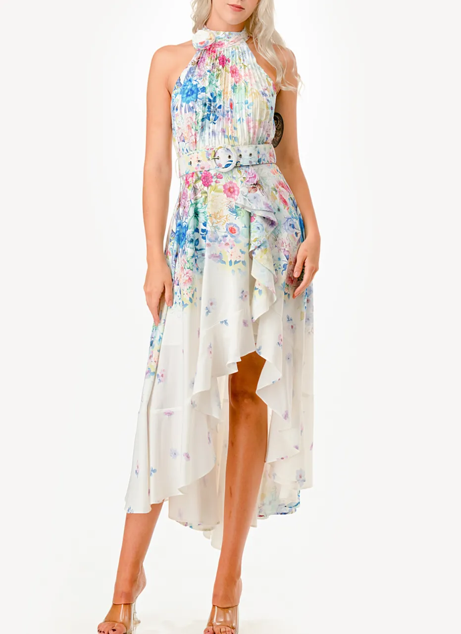 Halter Neck Floral Print High Low Midi Dress