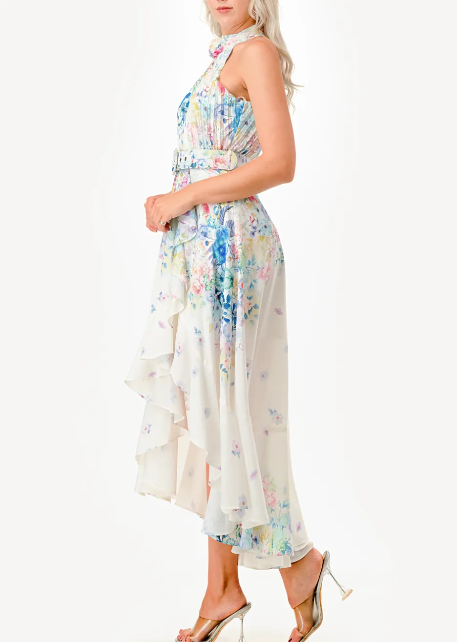 Halter Neck Floral Print High Low Midi Dress