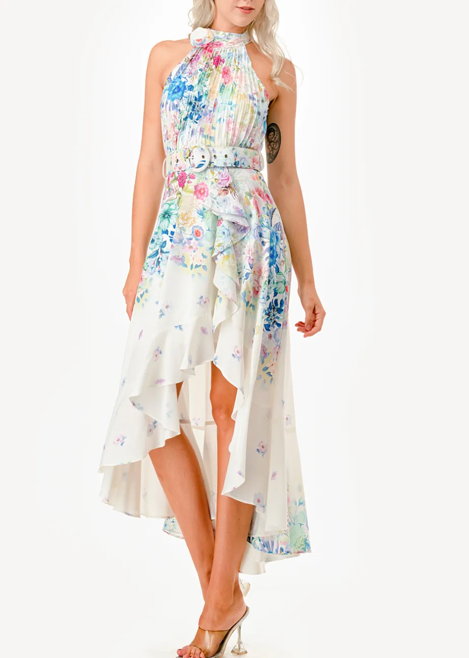 Halter Neck Floral Print High Low Midi Dress