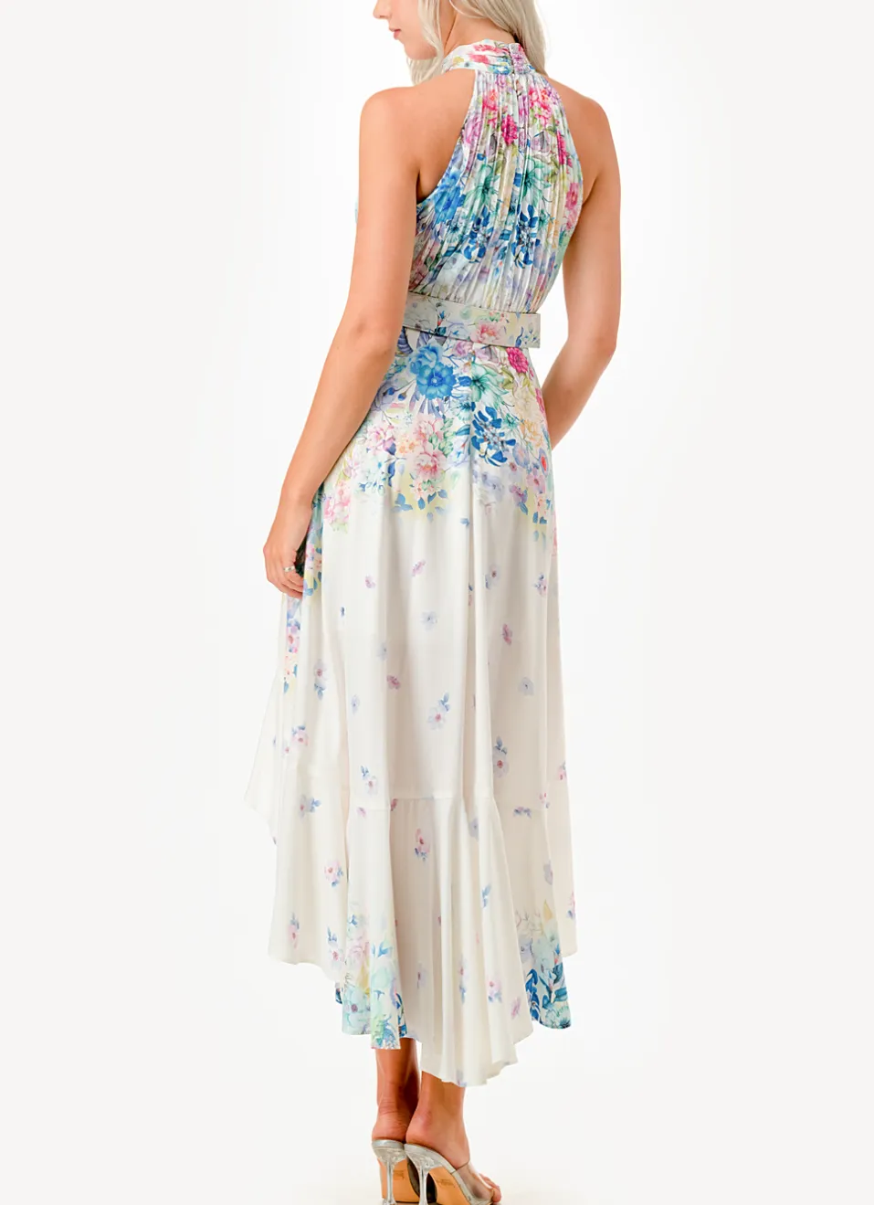 Halter Neck Floral Print High Low Midi Dress