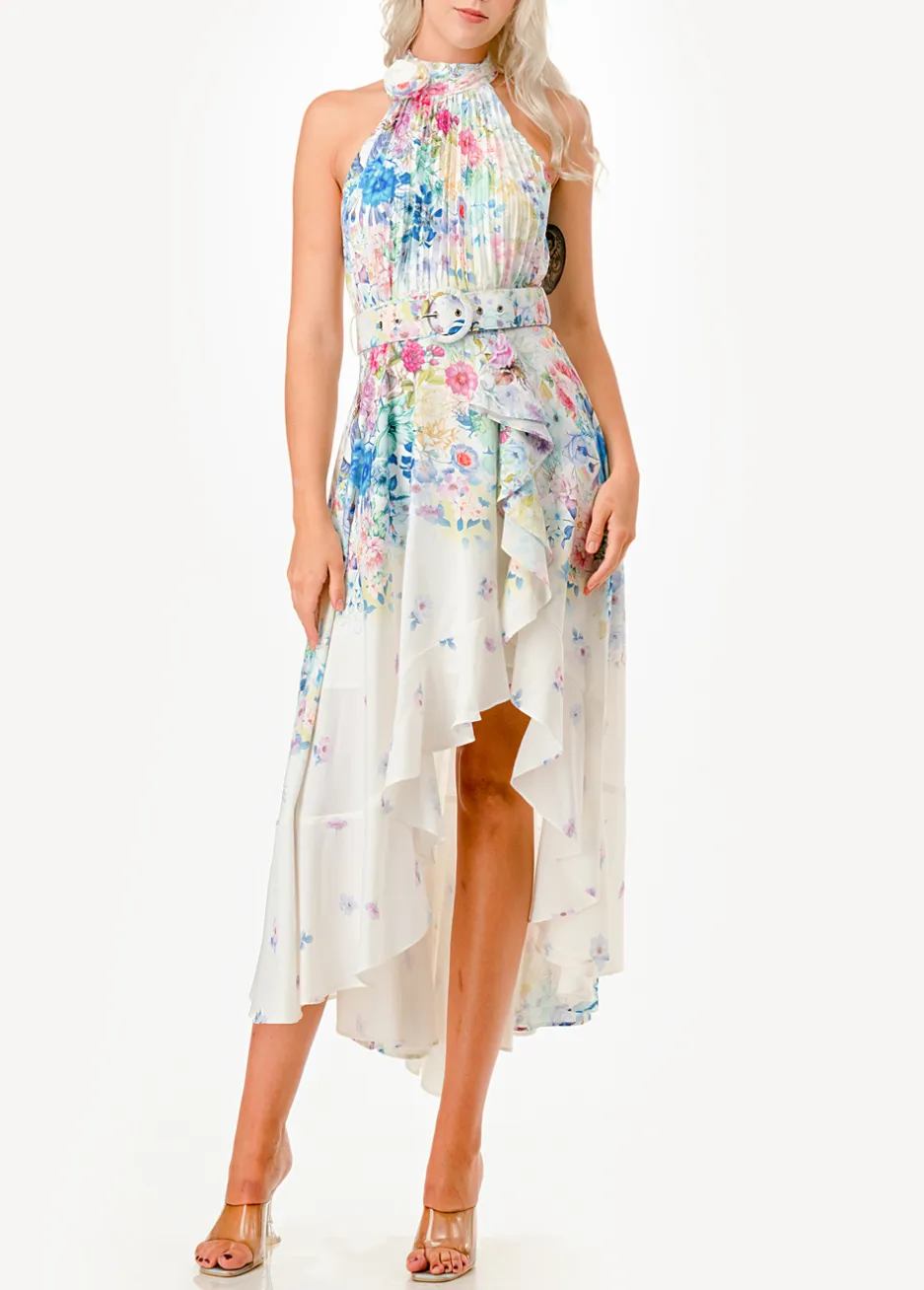 Halter Neck Floral Print High Low Midi Dress
