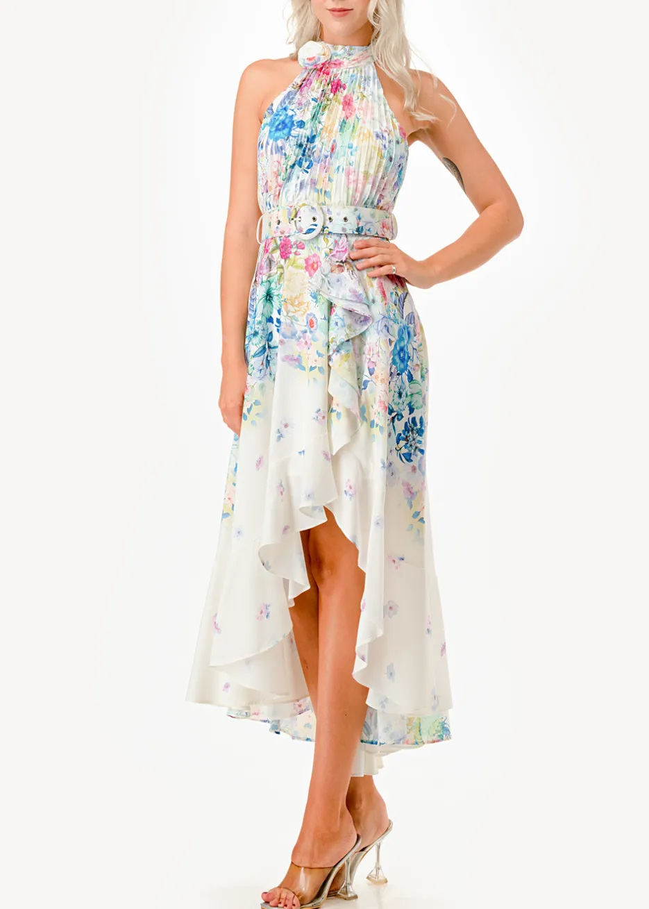 Halter Neck Floral Print High Low Midi Dress