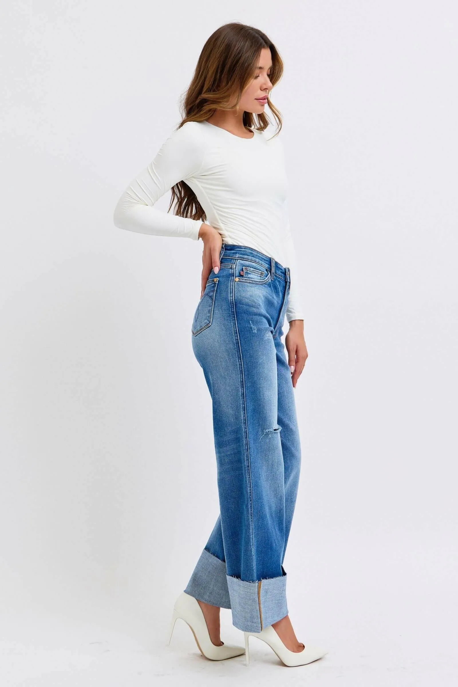 Judy Blue Full Size Distressed High Waist Wide Leg Jeans | Sleek Denim Boutique