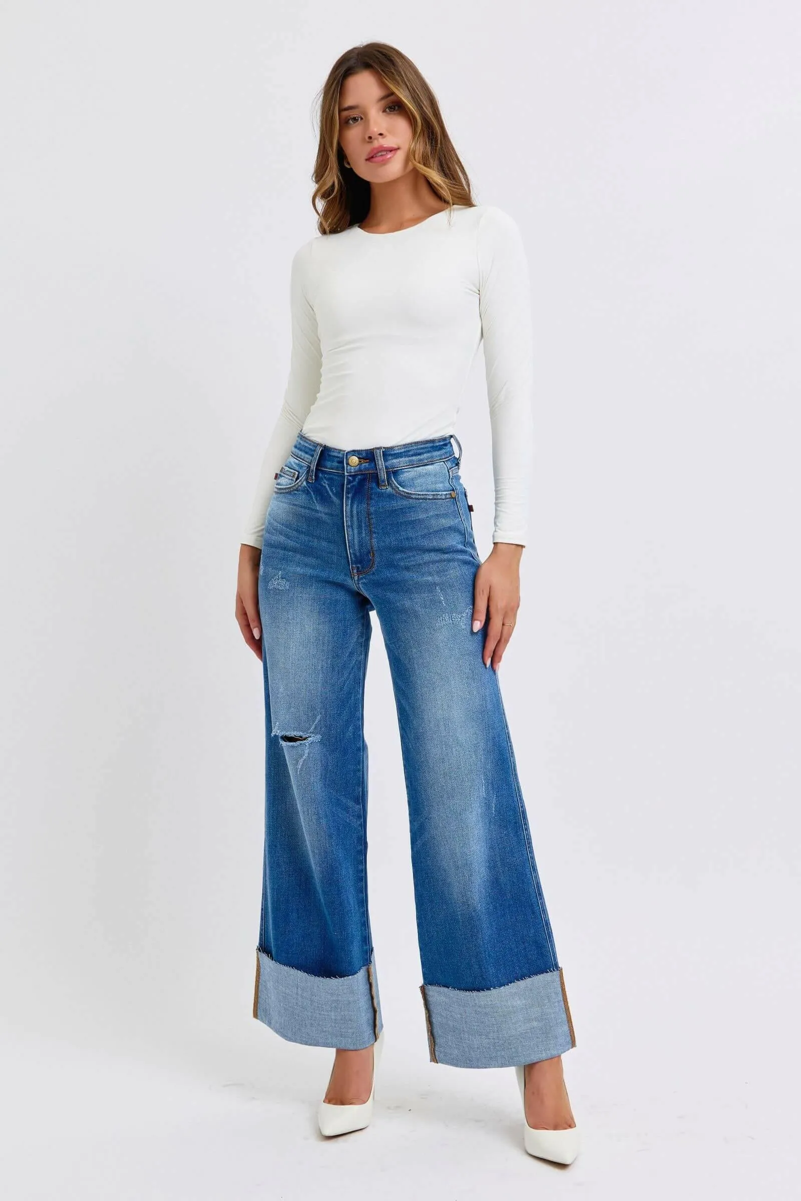Judy Blue Full Size Distressed High Waist Wide Leg Jeans | Sleek Denim Boutique