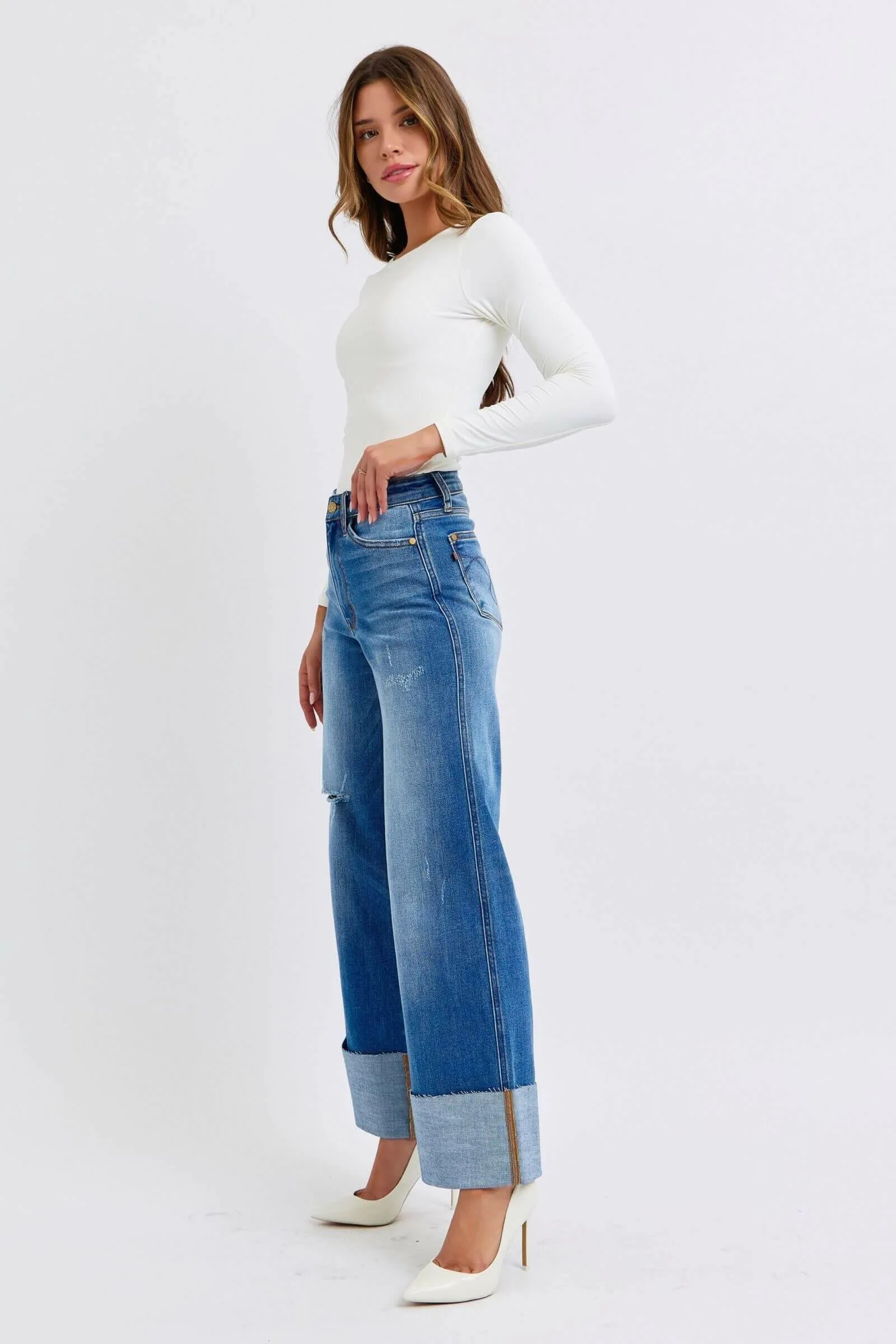 Judy Blue Full Size Distressed High Waist Wide Leg Jeans | Sleek Denim Boutique