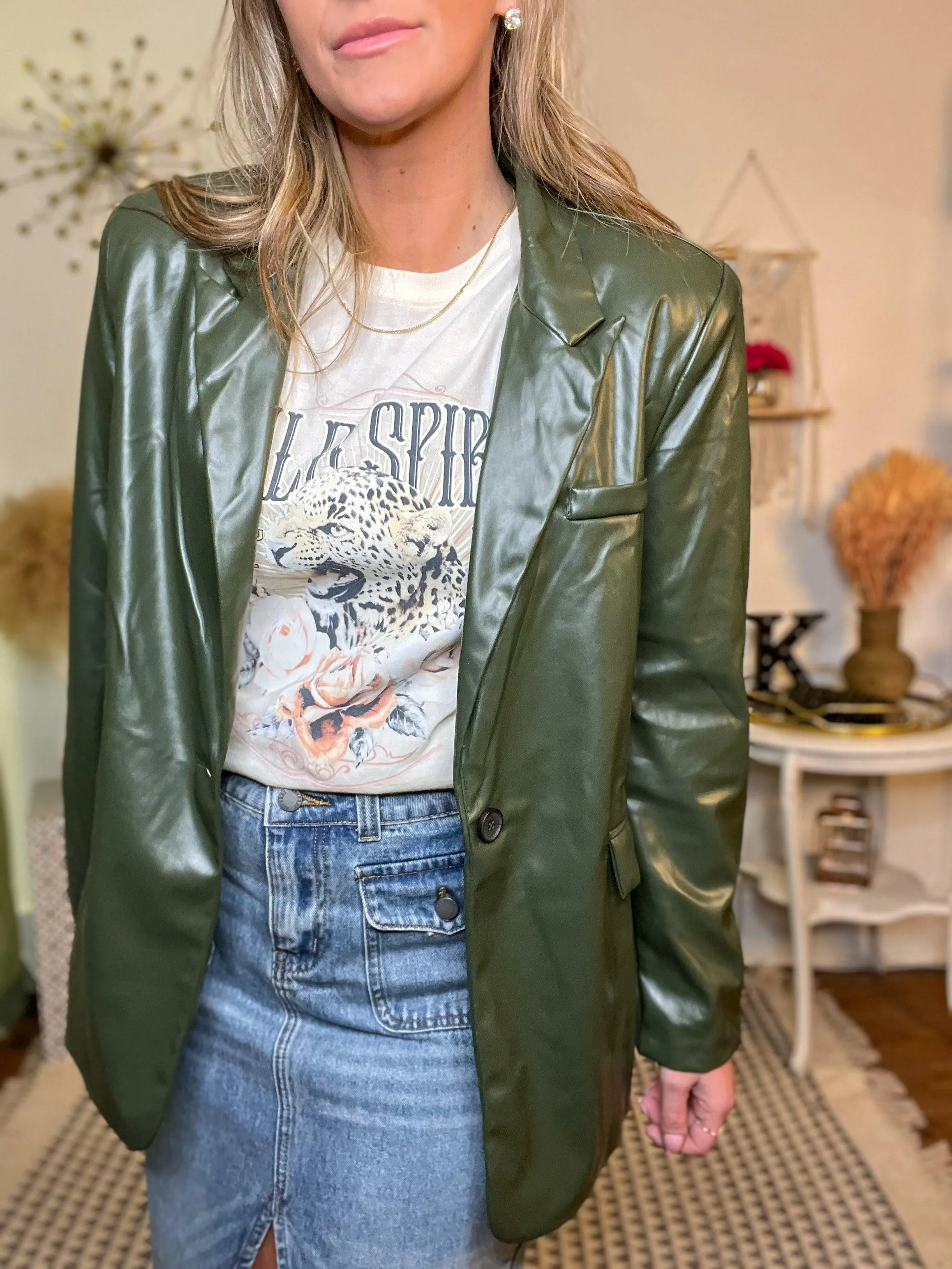 Olive Faux Leather Tailored Blazer