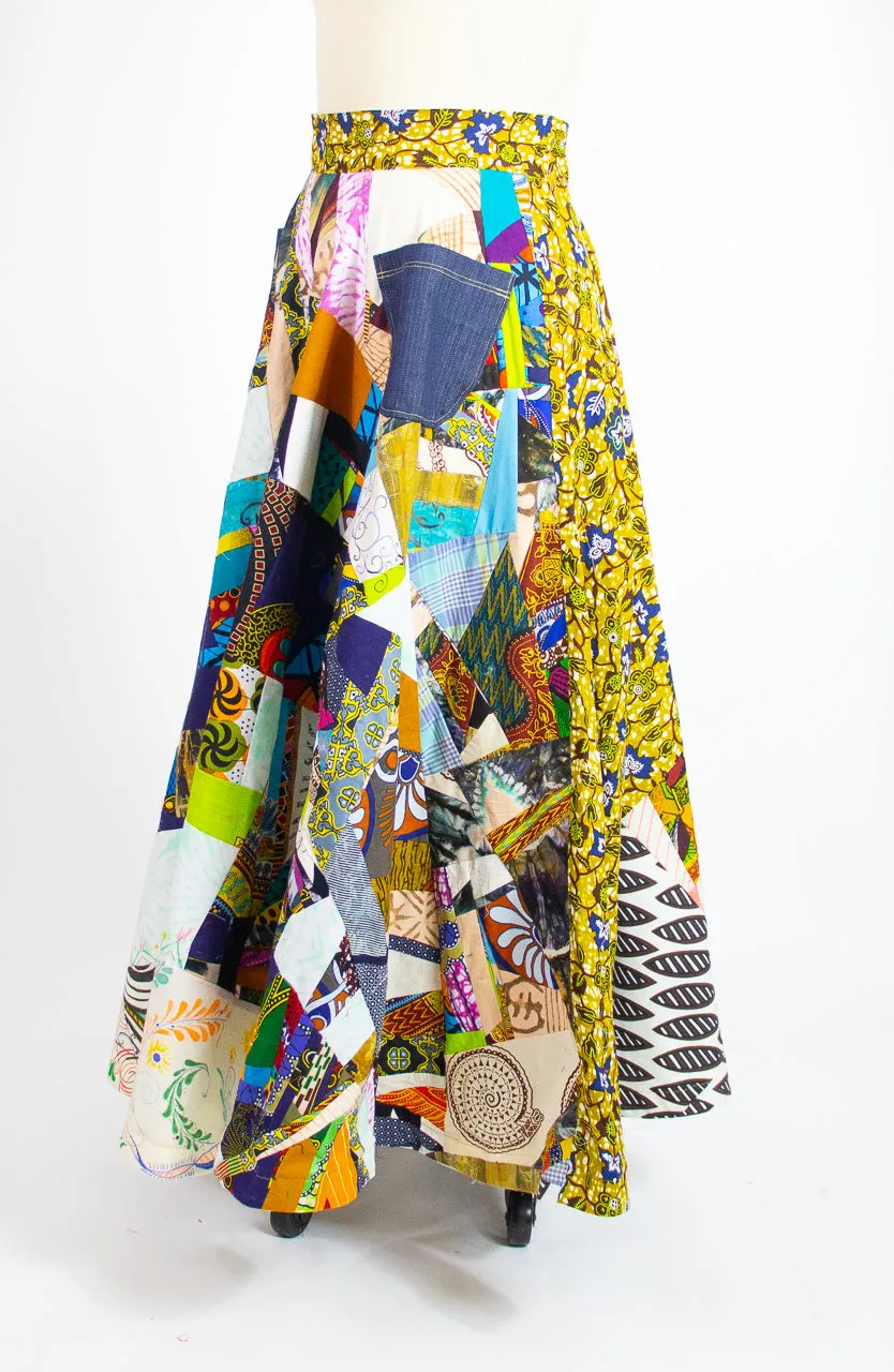 Patchwork Circle Skirt With Denim Pocket