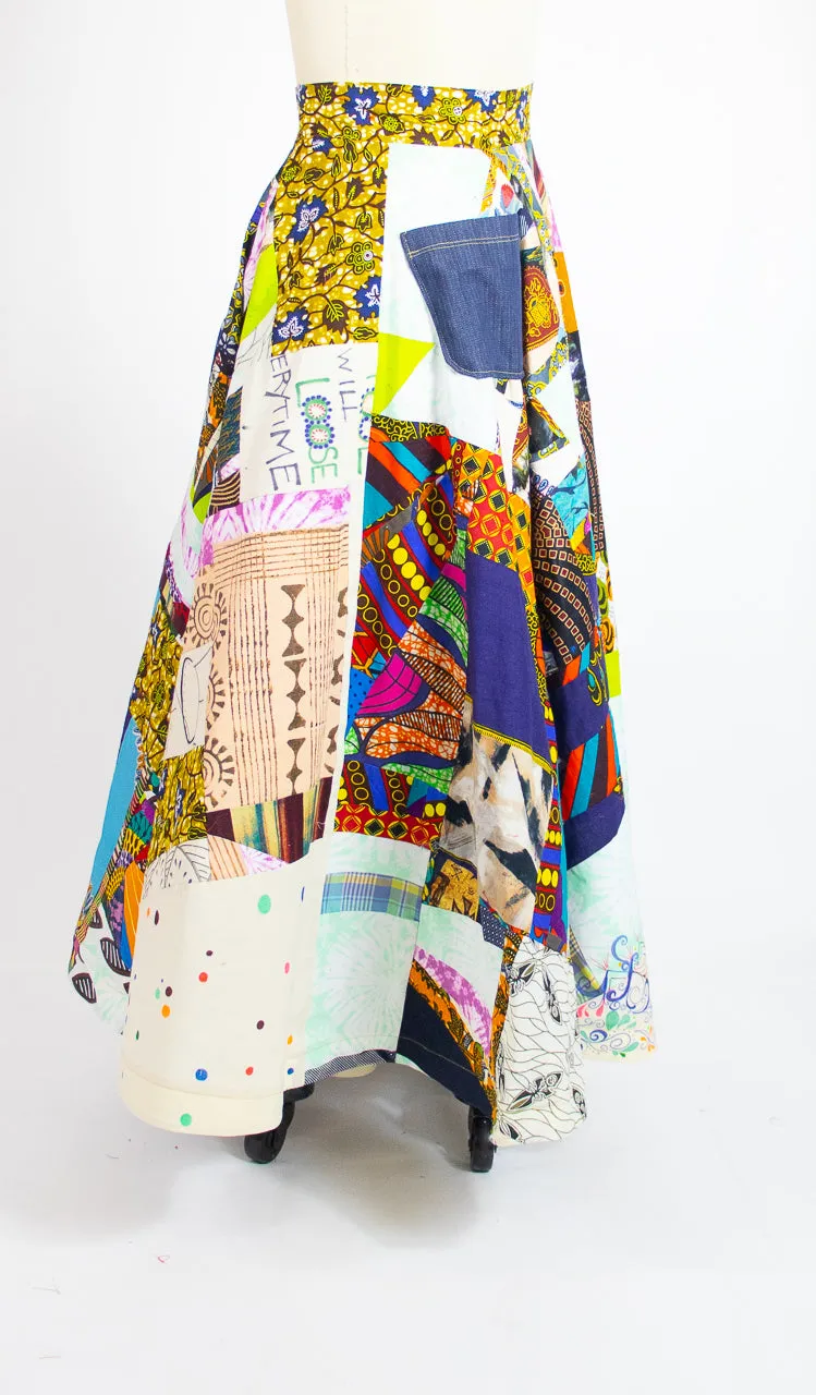 Patchwork Circle Skirt With Denim Pocket