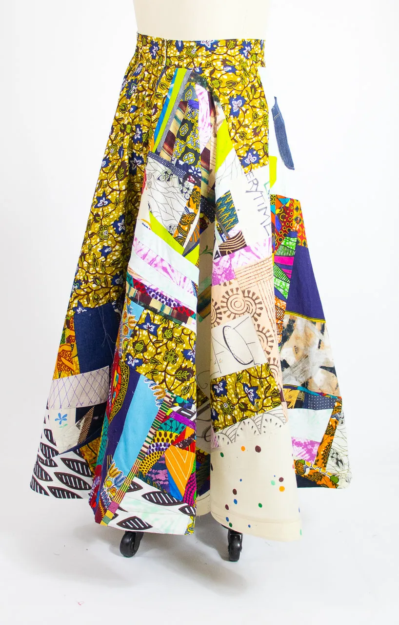 Patchwork Circle Skirt With Denim Pocket