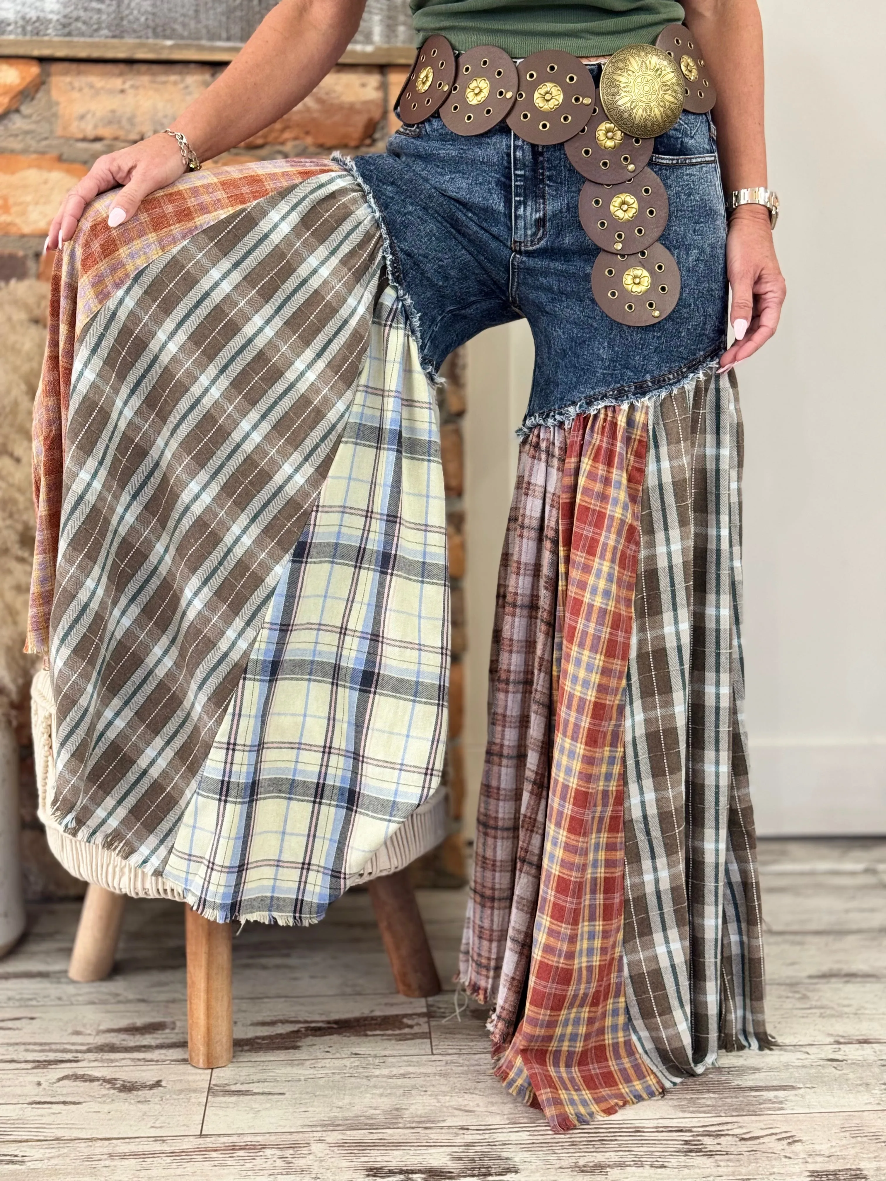 Plaid Patchwork Flare Jeans