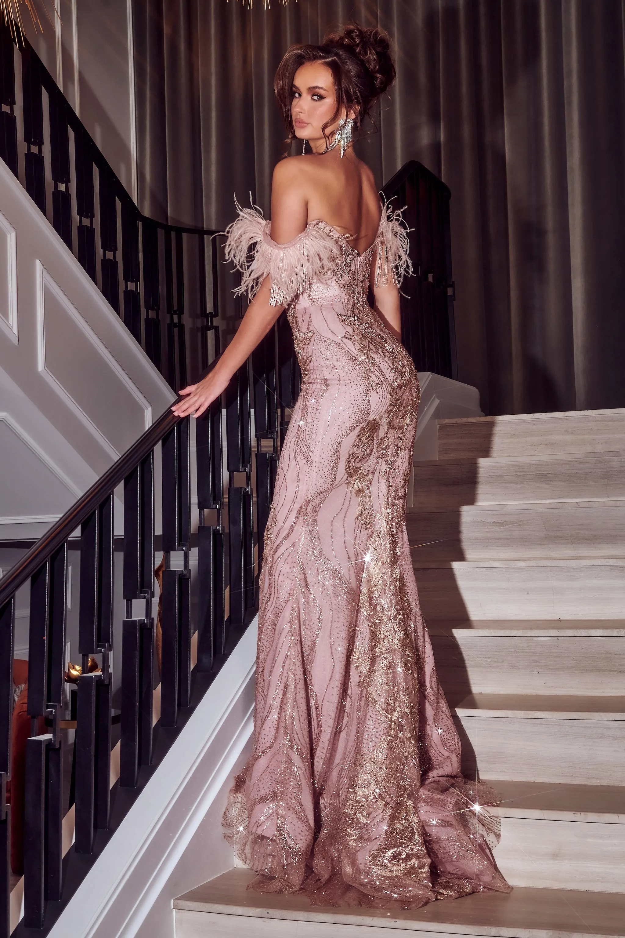 PORTIA & SCARLETT PS23306 Feather Accent Off-Shoulder Gown