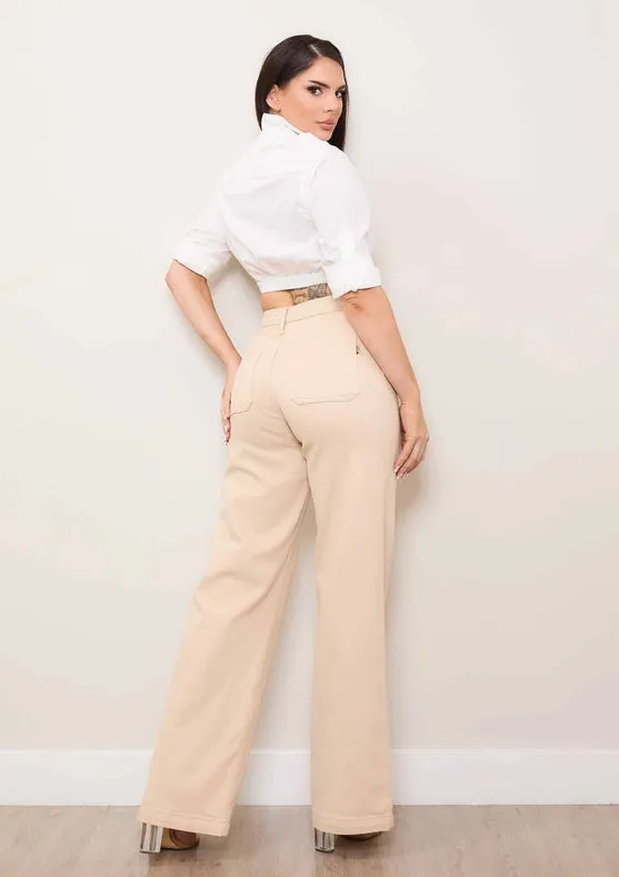 Square Pocket Wide Leg Jeans In Sand