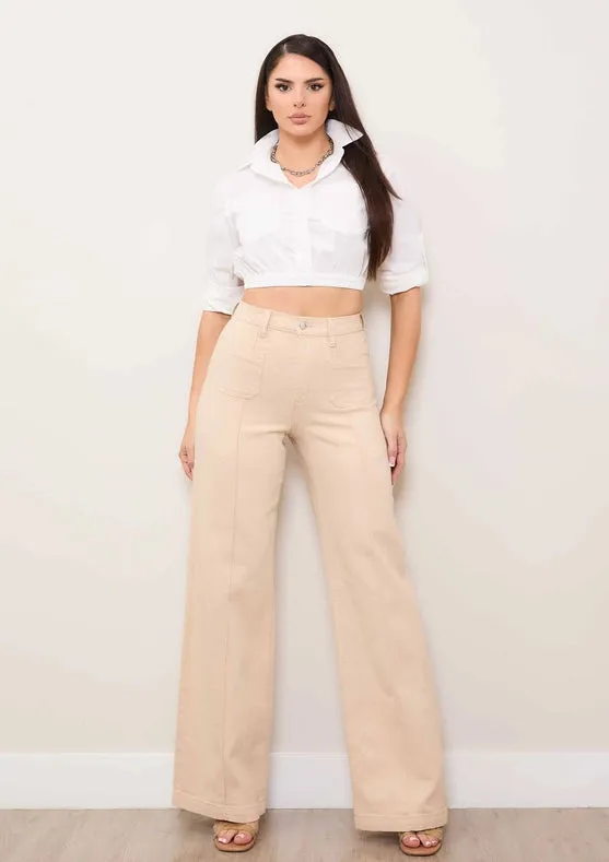 Square Pocket Wide Leg Jeans In Sand