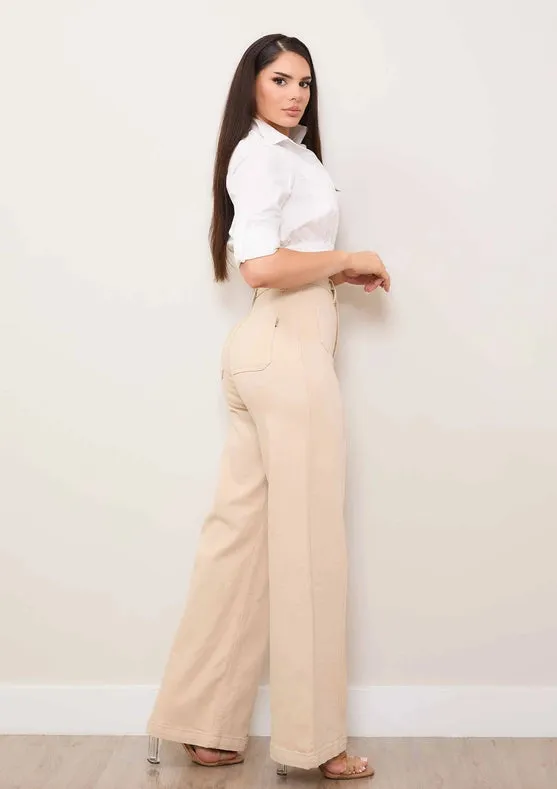 Square Pocket Wide Leg Jeans In Sand