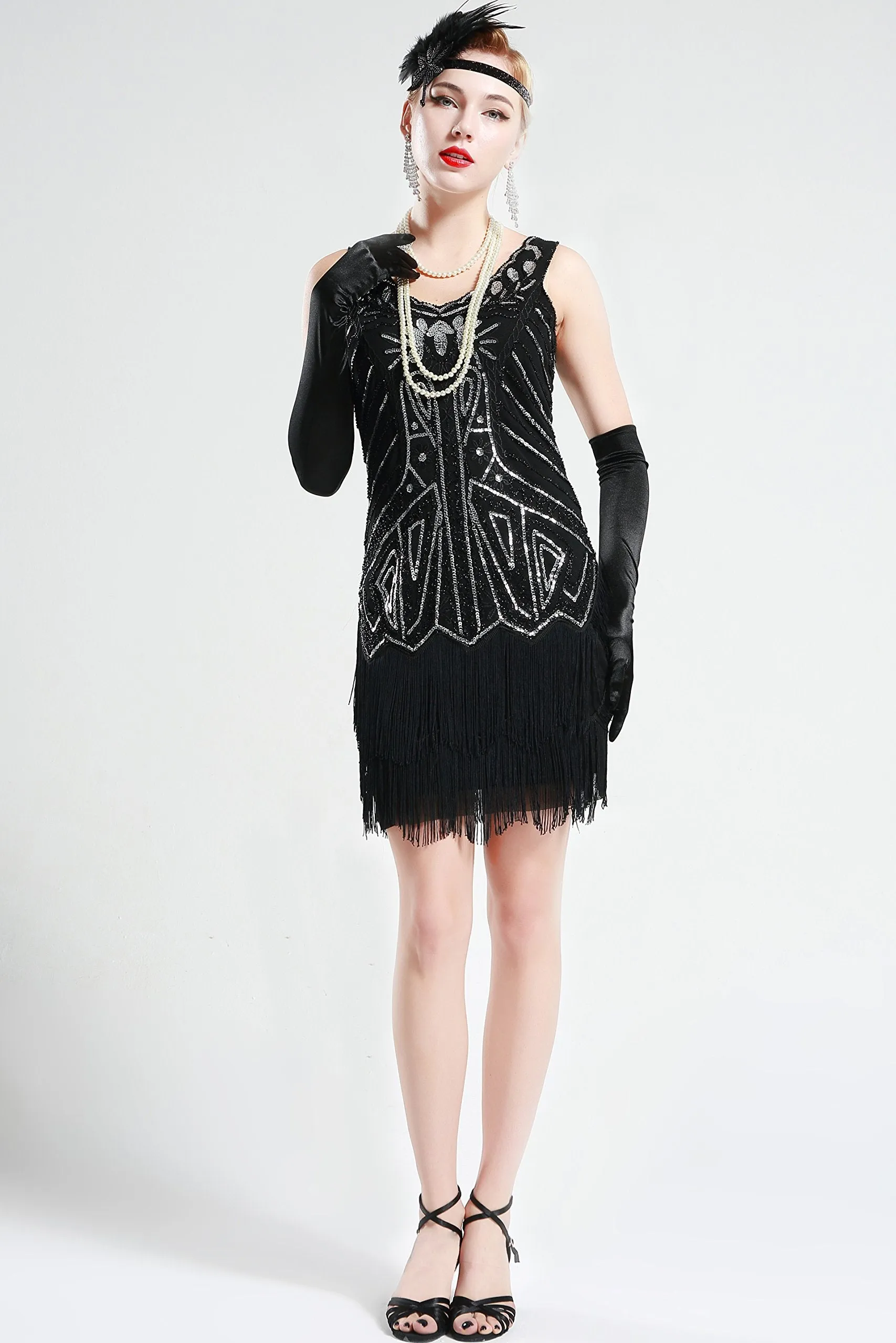 US STOCK Black and Silver Sleeveless Flapper Beaded and Sequined Mini Dress
