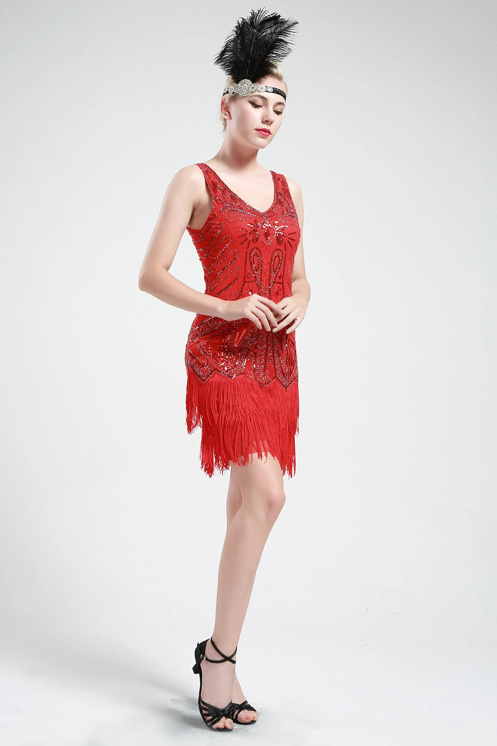 US STOCK Black and Silver Sleeveless Flapper Beaded and Sequined Mini Dress