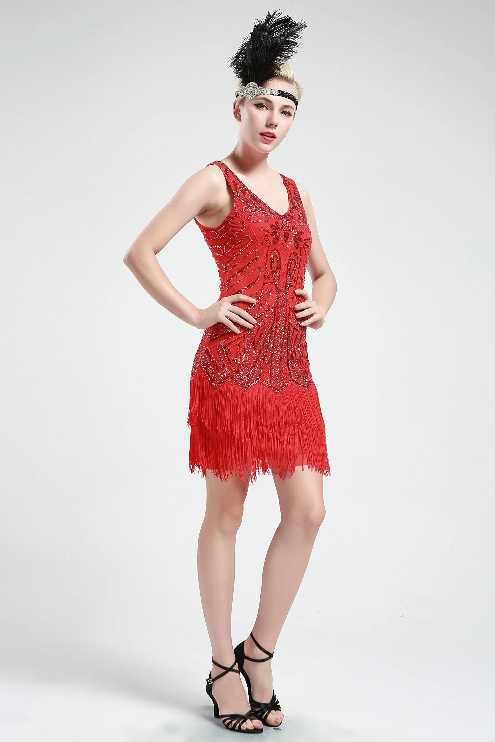 US STOCK Bright Green Sleeveless Flapper Beaded and Sequined Mini Dress