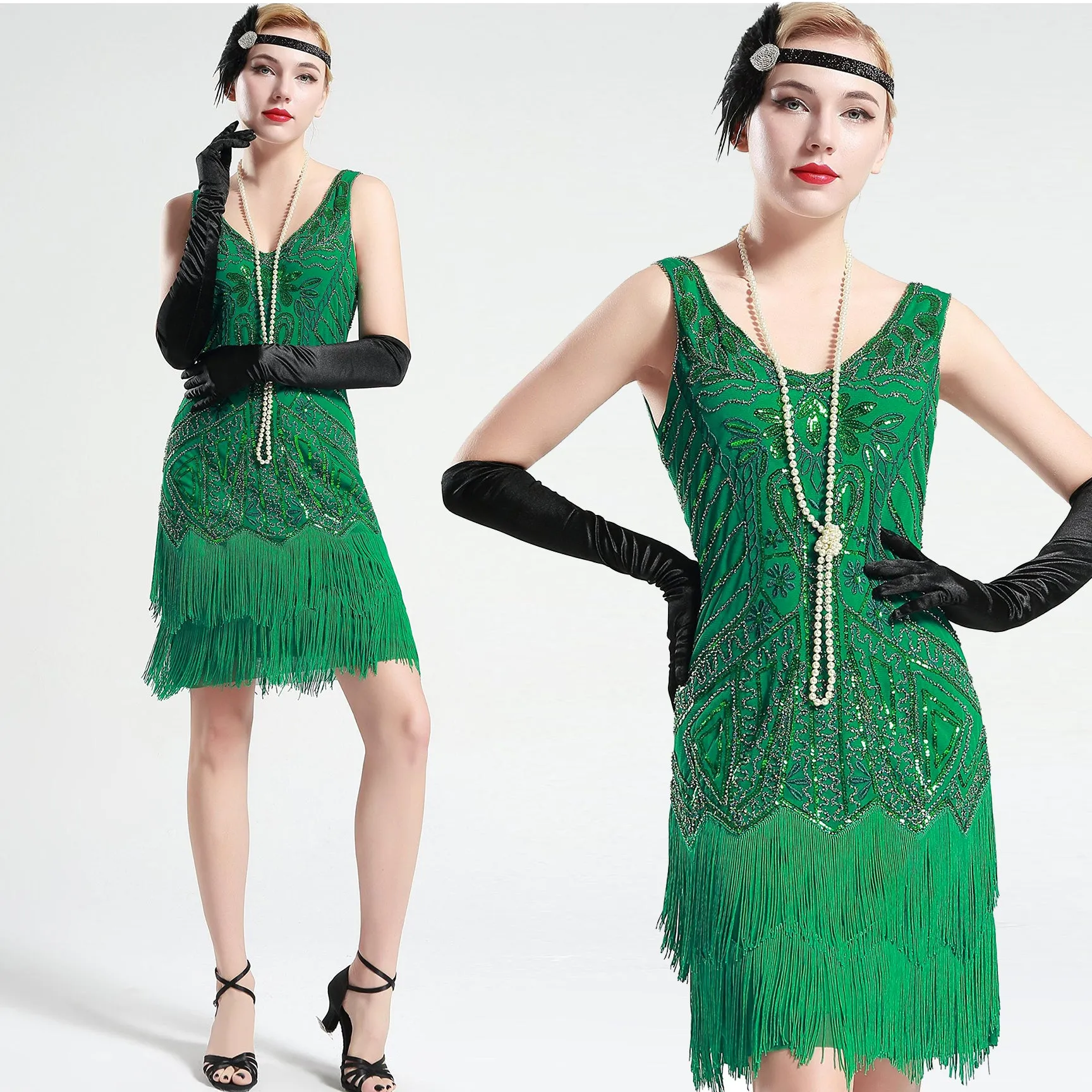 US STOCK Bright Green Sleeveless Flapper Beaded and Sequined Mini Dress