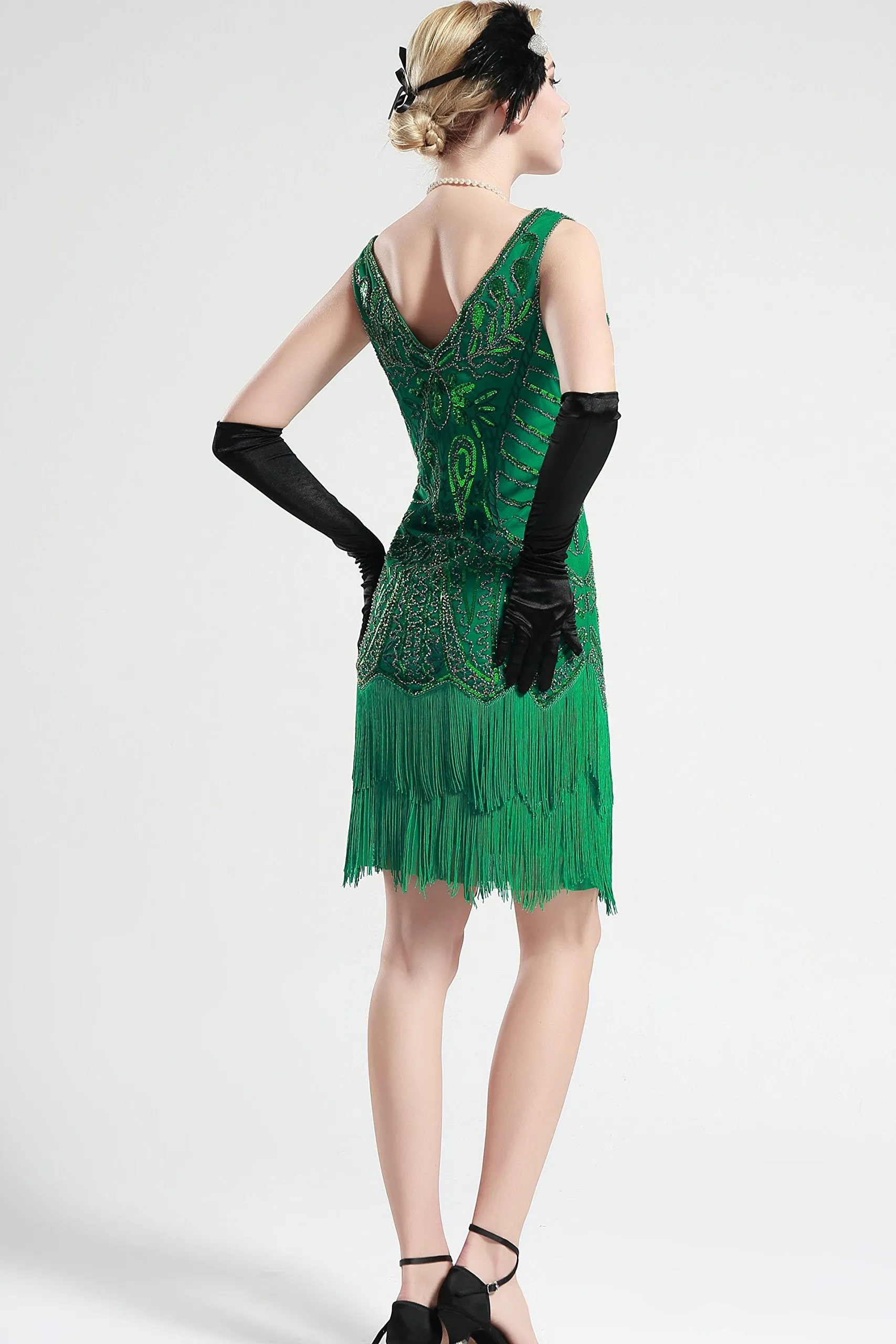US STOCK Bright Green Sleeveless Flapper Beaded and Sequined Mini Dress